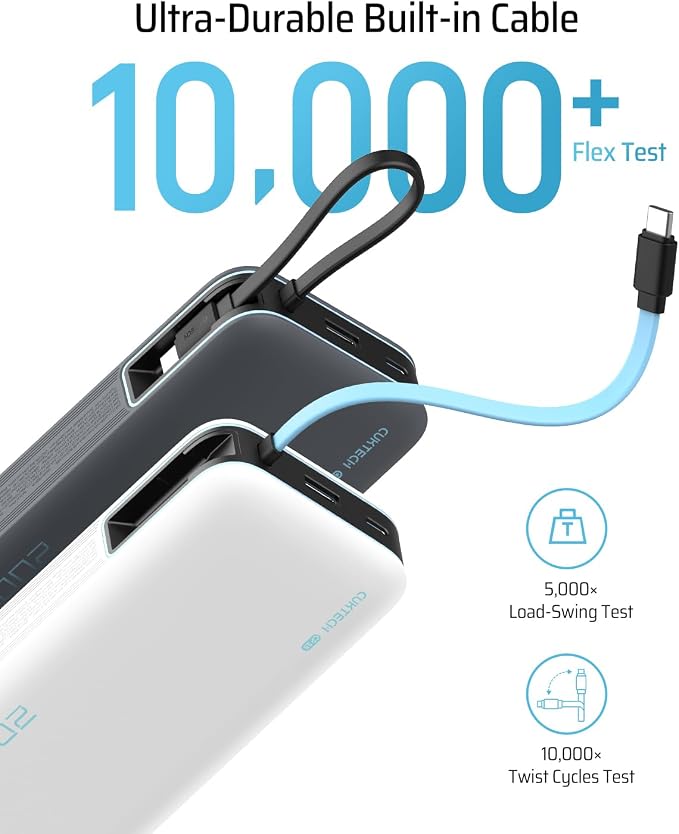 CUKTECH 45W Power Bank 20000mAh, Portable Travel Charger Built-in USB C Cable - Image 6