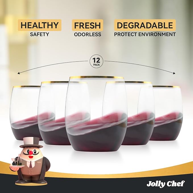 JOLLY CHEF 32 Pack 12oz Gold Plastic Wine Glasses Stemless, Disposable Wine - Image 5
