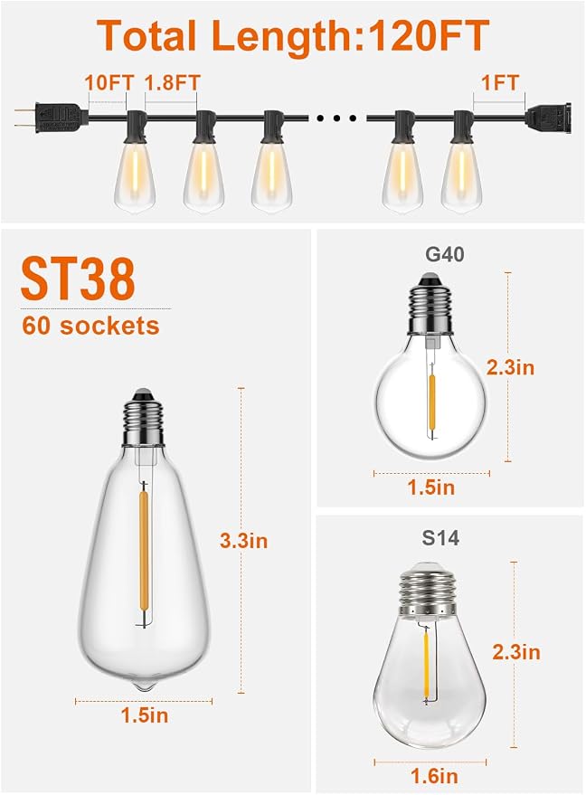 GPATIO 120FT Outdoor String Lights, Waterproof Patio Lights - Image 2