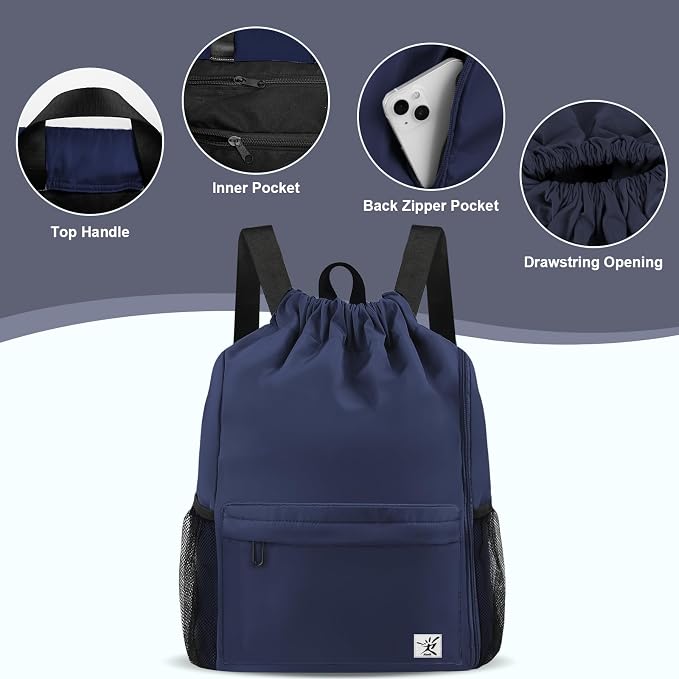 Drawstring Backpack with Mesh Pockets String Gym Bag Sackpack Sandproof Water - Image 4