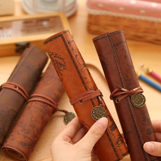 MAGICLULU Retro Treasure Map Roll up Pencil Case Leather Large Capacity Pencil - Image 3