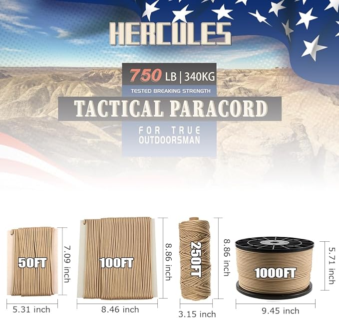 HERCULES 750lb Paracord 4mm 11 Strands Tactical Parachute Cord, Outdoor Gear - Image 2