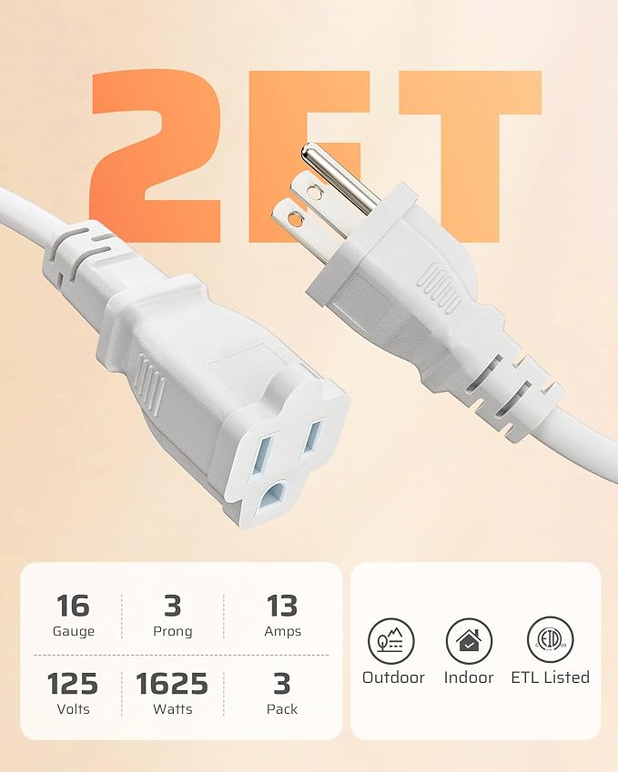 DEWENWILS 3-Pack 2FT Heavy Duty Extension Cord, 16 AWG SJTW Weatherproof Power - Image 6