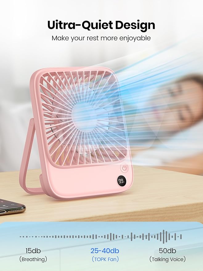 TOPK 2 Pack 5000mAh Portable Desk Fan, Ultra-Thin Rechargeable Battery Operated - Image 6
