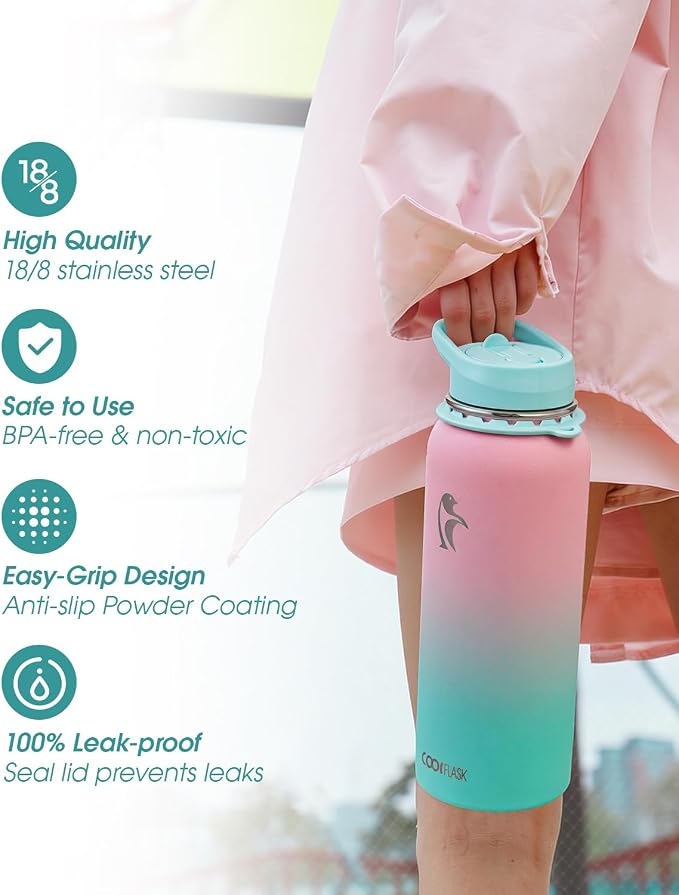 Coolflask Water Bottle with Straw, 40 oz Insulated Metal Water Flask with Straw - Image 5