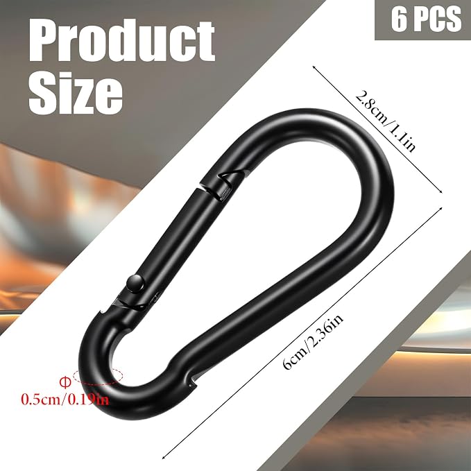 6 Pack Black Carabiner Clip, 2.36 Inch Heavy Duty Carabiner Clip Spring Snap - Image 3