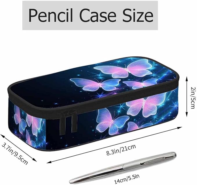 Glowing Butterflies Pencil Bag Sparkle Stars Bright Dark Blue Big Capacity - Image 2