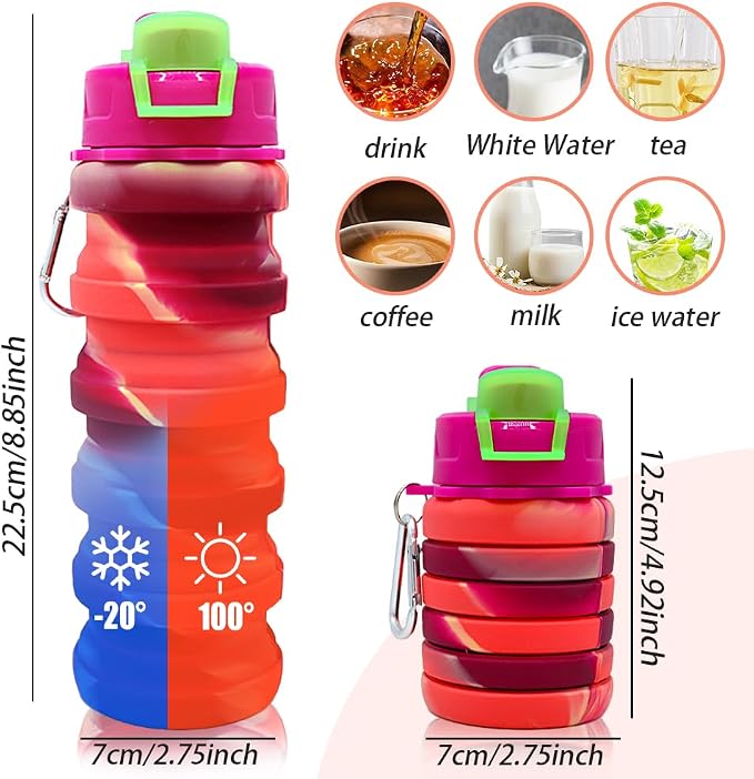 Silicone Collapsible Water Bottles, 16oz 500ml Portable Foldable Expandable - Image 2