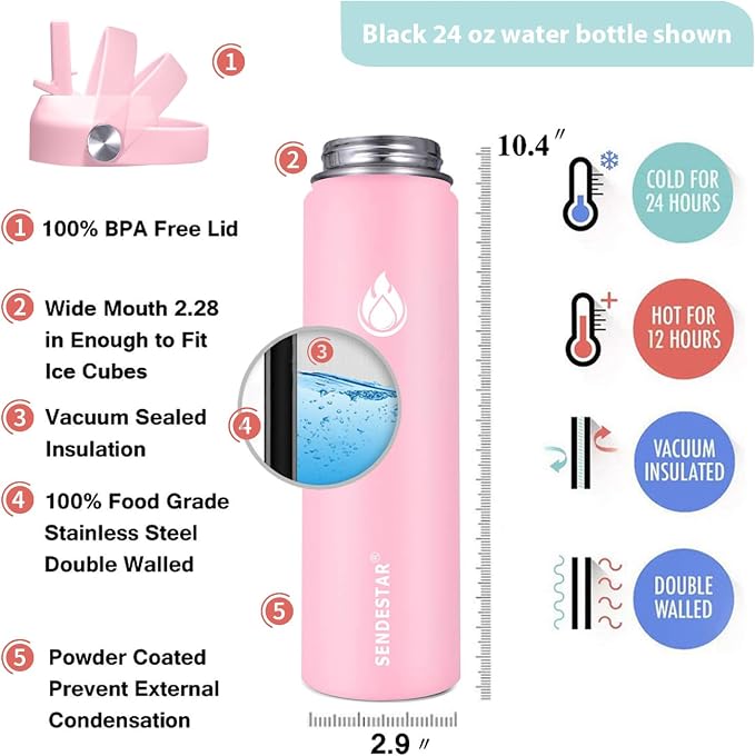 SENDESTAR Stainless Steel Wide Mouth Water Bottle 24oz Double Wall Vacuum - Image 3