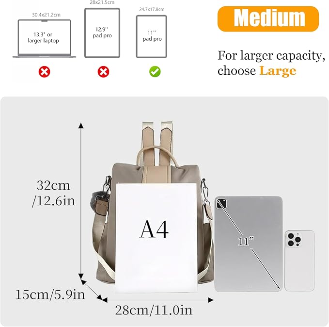 PINCNEL Women Khaki Medium Backpack Purse Waterproof Nylon Anti-theft Rucksack - Image 2