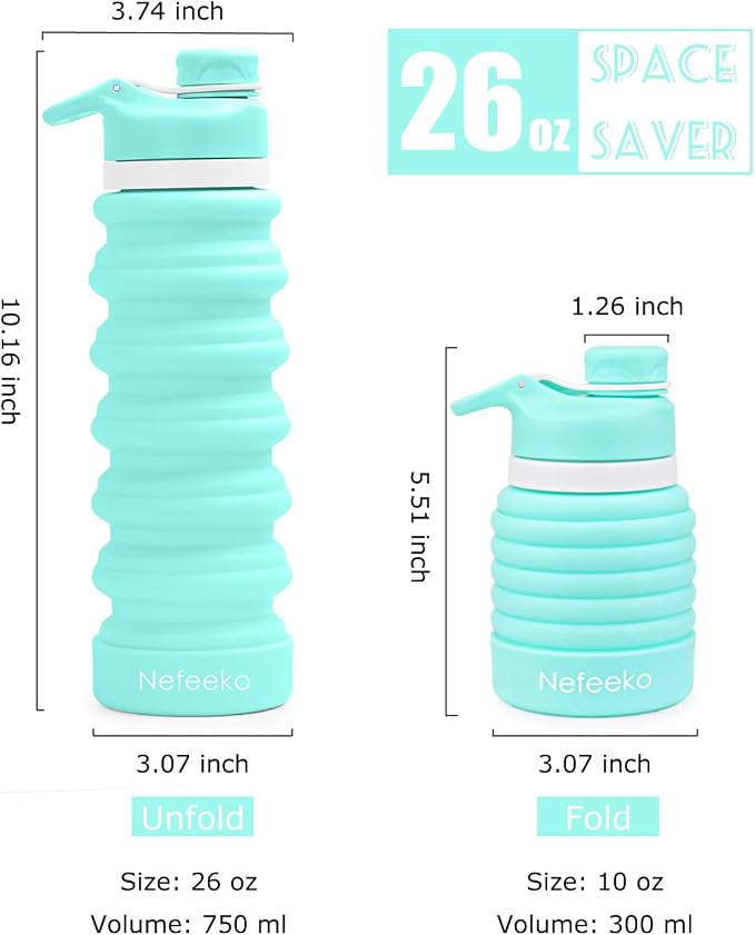 Nefeeko Collapsible Water Bottle, 26oz Silicone Foldable Water Bottles - Image 2