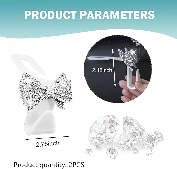 2 PCS Bling Bow Car Seat Headrest Hooks, Cute Rhinestone Bow Car Seat Back - Image 2