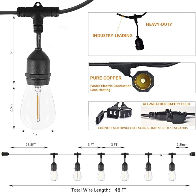 Outdoor String Light 48FT LED Heavy-Duty Patio Lights String Linkable - Image 3
