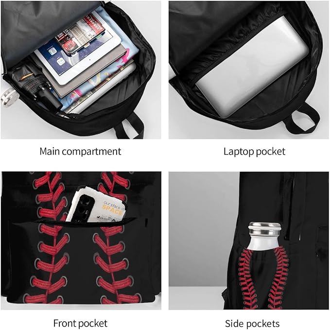 cfpolar 17 Inch Backpack Black Baseball Red Stitches Laptop Bag Shoulder Bag - Image 4