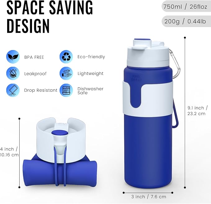 Nefeeko Collapsible Water Bottle, BPA Free 26oz Foldable Water Bottle - Image 2