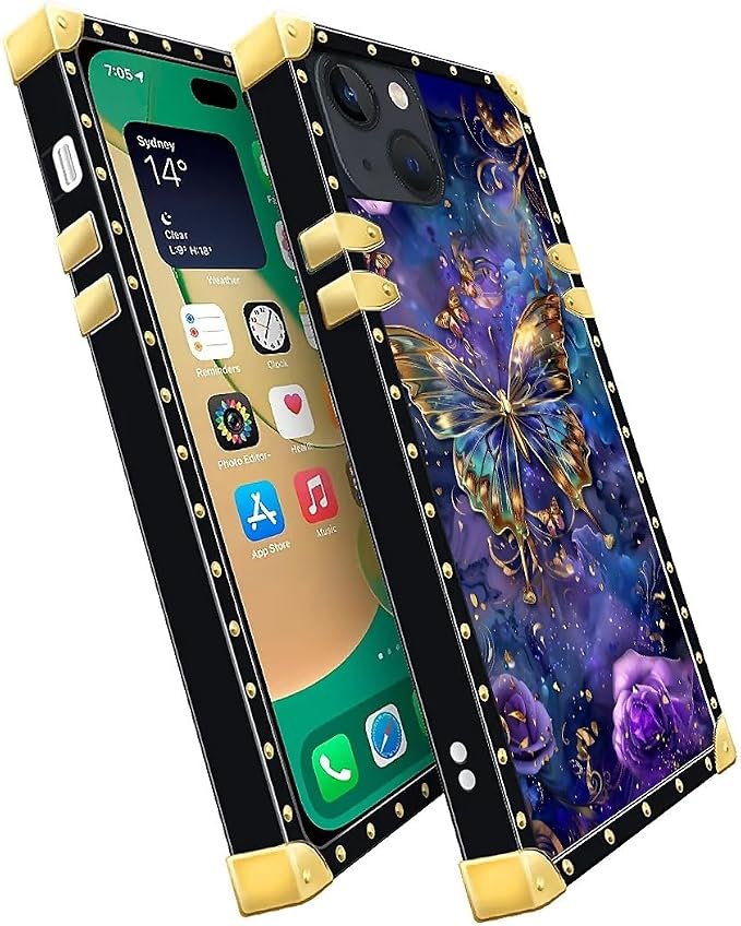Compatible with iPhone 14 Case, Glistening Golden Butterfly Vibrant Purple Blue - Image 3