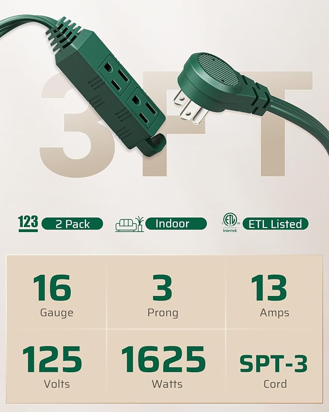 DEWENWILS 3 Outlet Flat Extension Cord Plug Christmas, 3FT 16/3 Awg Grounded - Image 2
