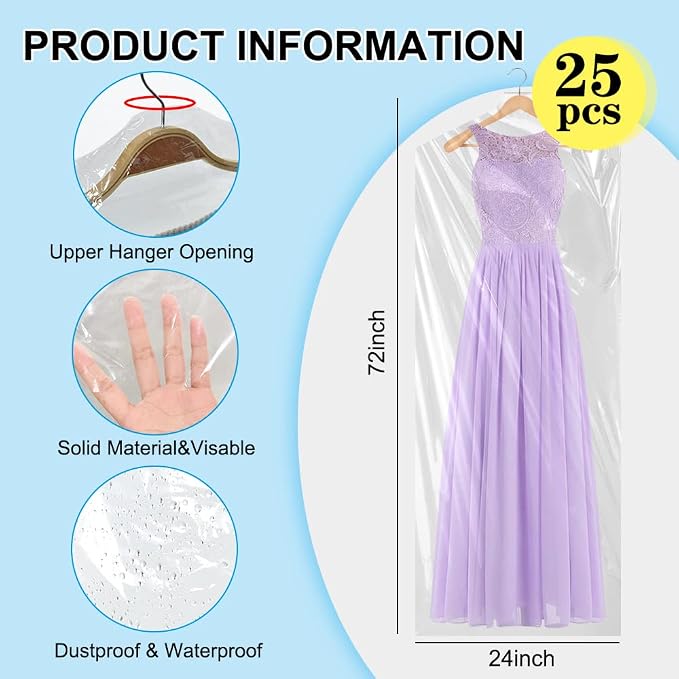 BEISHIDA 25PCS 72 Inch Plastic Garment Bag-Plastic Clear Dry Cleaner Laundry - Image 2