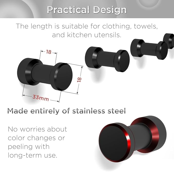 5 Packs CNC Stainless Steel Black Towel Hook：Multipurpose Wall Mount & Adhesive - Image 6