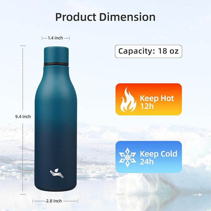 Insulated Water Bottle with Strap, 18 oz Double Wall Stainless Steel Vacuum - Image 2