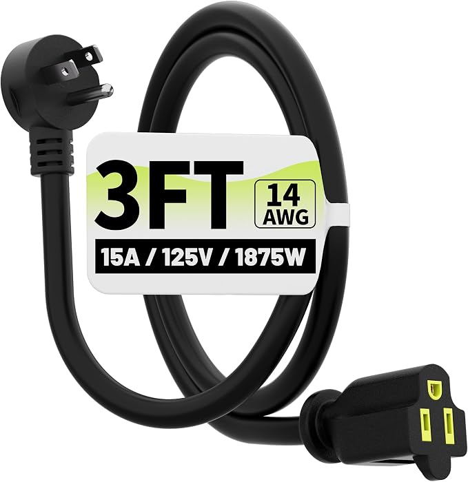 Vockjour 3 FT Black Low Profile Flat Plug 14 Gauge Heavy Duty Extension Cord by Vockjour