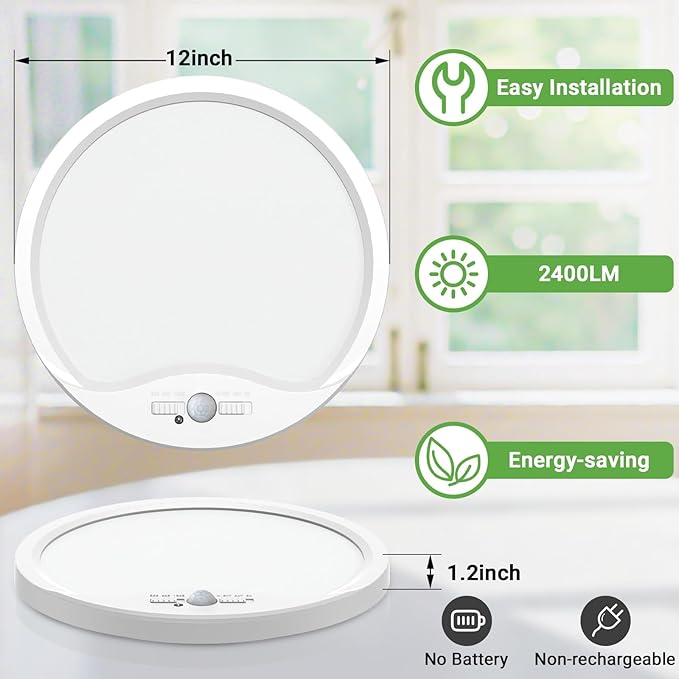 zemty 12inch Motion Sensor Ceiling Lights Wired, 24W 2400lm 3CCT/3 Mode/30-120s - Image 5