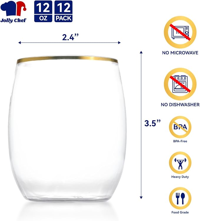 JOLLY CHEF 12 Pack 12oz Gold Plastic Wine Glasses Stemless, Unbreakable - Image 2