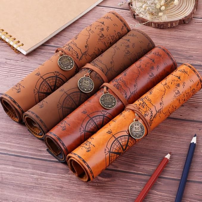 MAGICLULU Retro Treasure Map Roll up Pencil Case Leather Large Capacity Pencil - Image 2