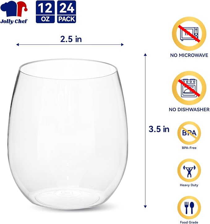 JOLLY CHEF 24 Pack 12 Oz Disposable Plastic Wine Glasses, Shatterproof - Image 2