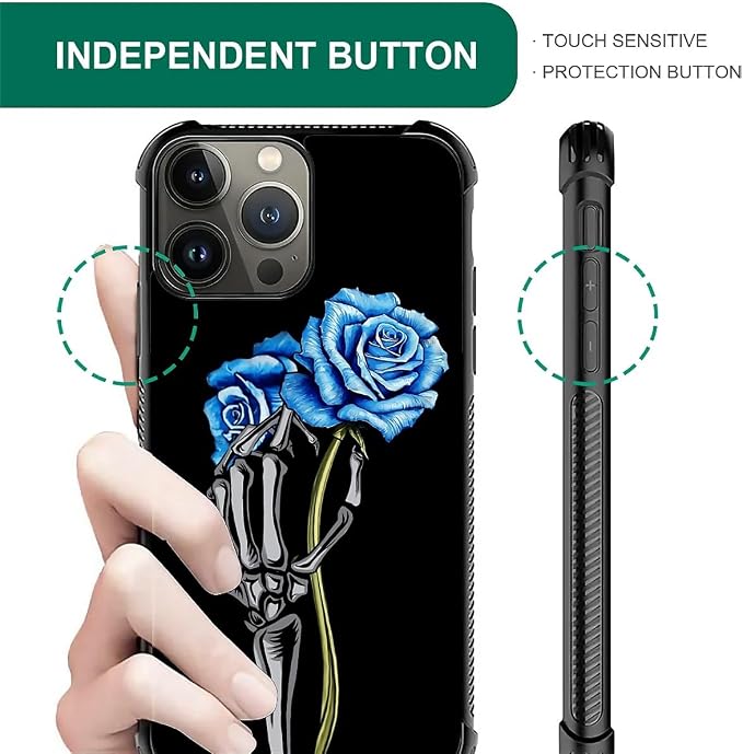 for iPhone 15 Pro Case, Skeleton Holding Blue Rose Pattern Graphic Design Girl - Image 5