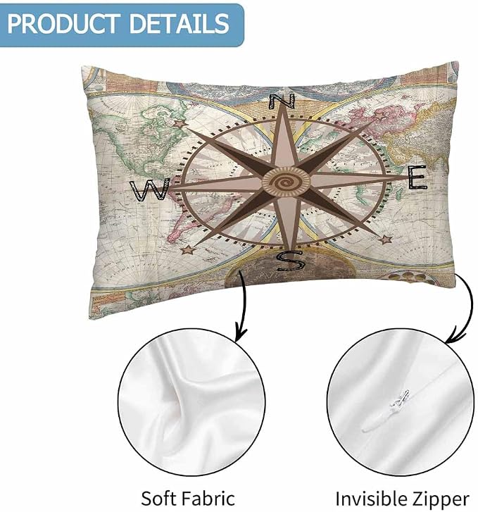 Nautical Compass Throw Pillow Covers 12 X 20 Historical World Map Earth - Image 3