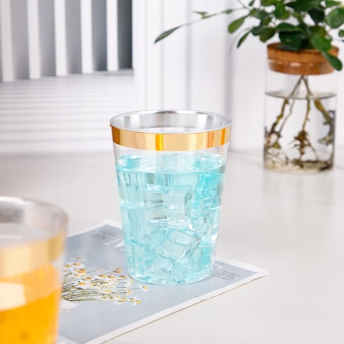 I00000 200 Pack Gold Plastic Cups, 10 oz Clear Plastic Cups Gold Rimmed - Image 5