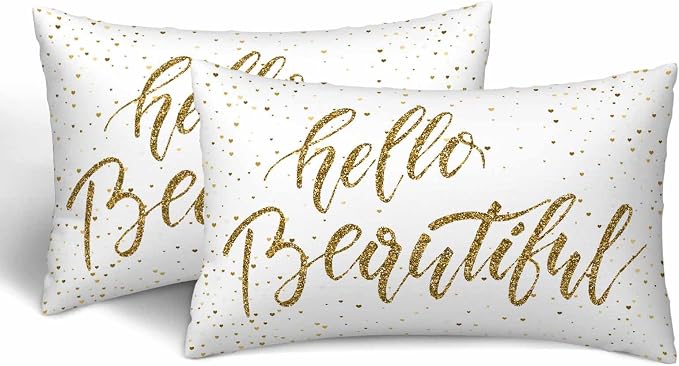 Hello Beautiful Bling Pillow Covers 12 X 20 Gold Glitter Motivational Quote Set by Unknown