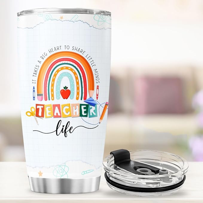 Teacher Appreciation Gift for Women, Cute Rainbow Design Stainless Steel Tumbler - Image 4