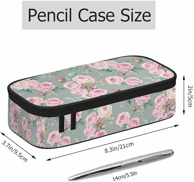 Pink Blooming Flower Pencil Holder Bag Roses Peonies Bouquets Leaves Garden - Image 2