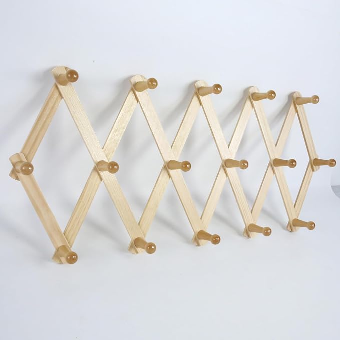 AMAPON Accordion Style Expandable Wall Wooden Coat Rack 16 Hooks Hang Hats - Image 2
