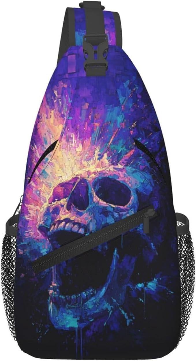 Trippy Skull Sling Bag Crossbody Travel Hiking Chest Backpack Shoulder Daypack by Unknown