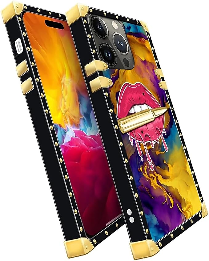 Compatible with iPhone 15 Pro Max Case, Cool Corlorful Lip Marble Luxury Golden - Image 3