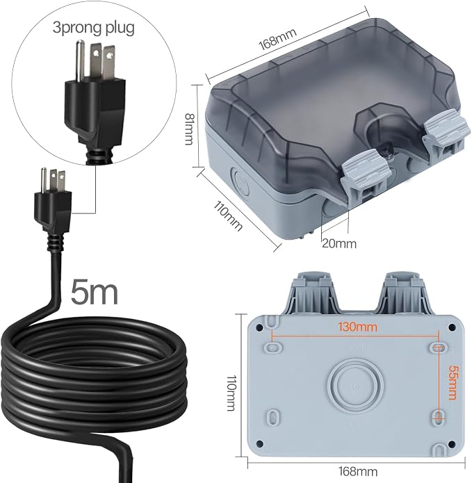 Outdoor Power Outlet Box with 16.4Ft Extension Cord, NEMA 5-15R, STW 14 AWG - Image 2
