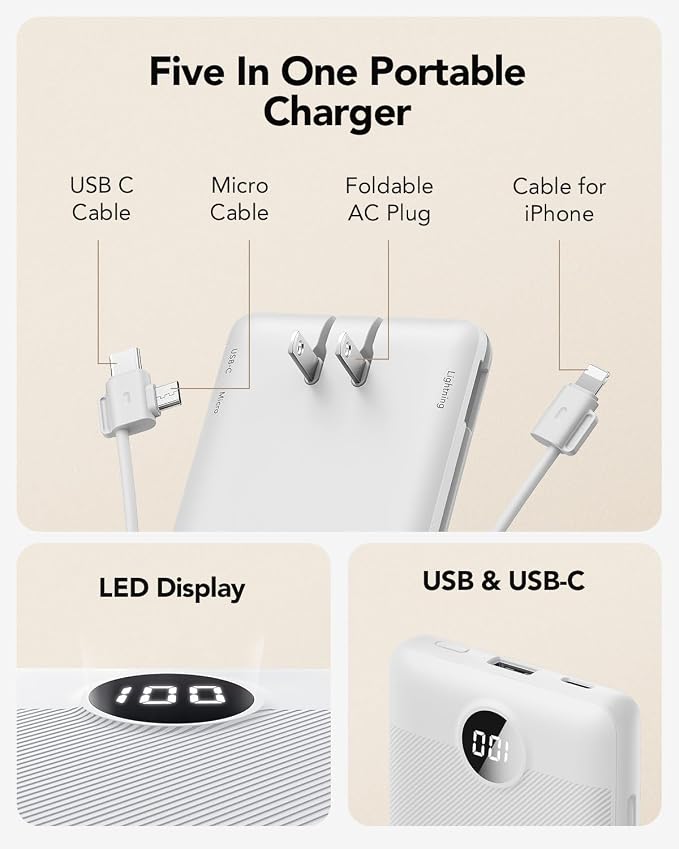 VRURC Portable Charger with Cables and Wall Plug | Power Bank with Cords | - Image 2