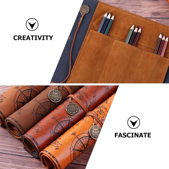 Cabilock Roll up Pencil Case Vintage Map Pu Leather Pencil Pouch Organizer - Image 8