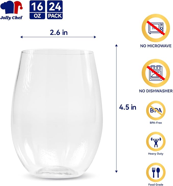 JOLLY CHEF 24 Pack 16oz Plastic Wine Glasses Stemless, Disposable Wine Cups - Image 2