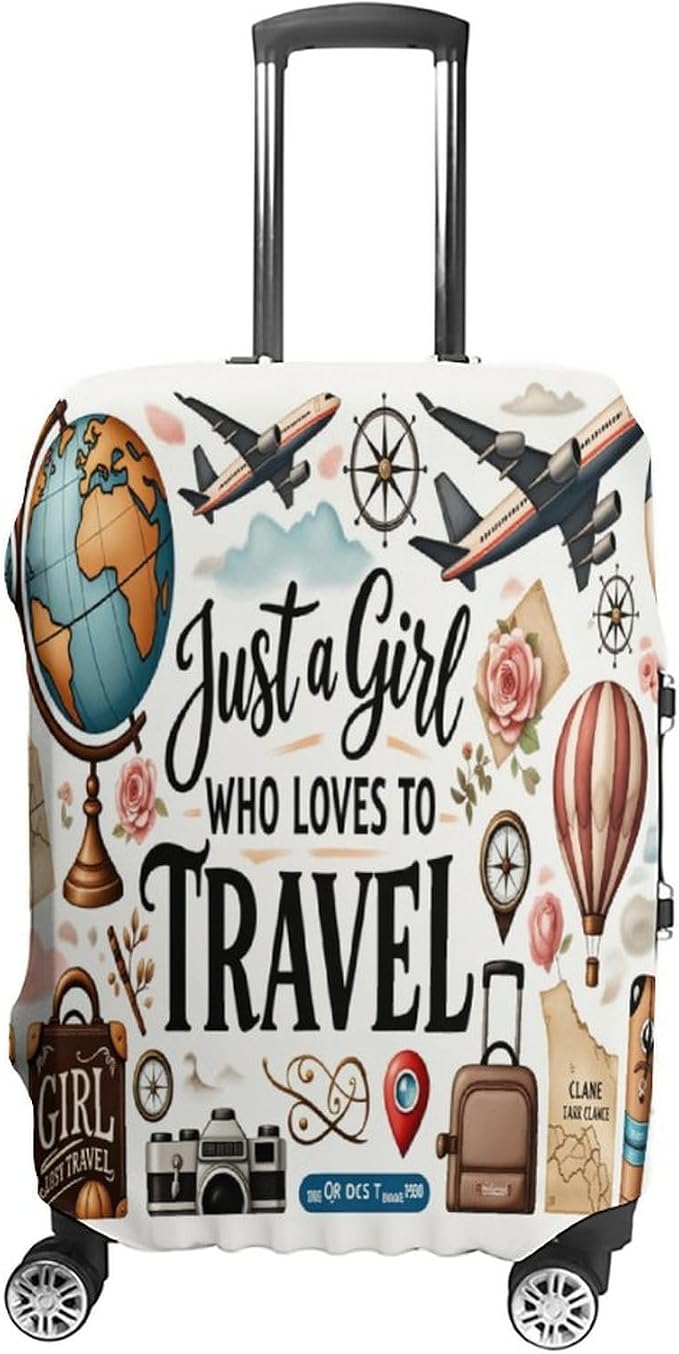 Travel Girl Adventure Globe Airplane Suitcase Camera Map Stretch Luggage Cover by Unknown