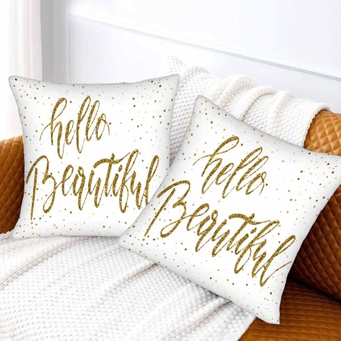 Hello Beautiful Bling Pillow Covers 18 X 18 Gold Glitter Motivational Quote Set - Image 2
