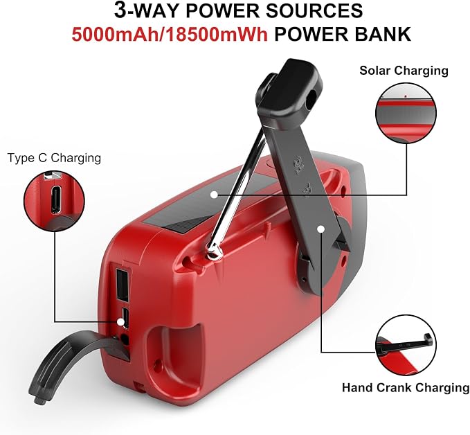 18500mWh Weather Emergency Radio, Portable Solar AM/FM/NOAA Hand Crank Radio - Image 6