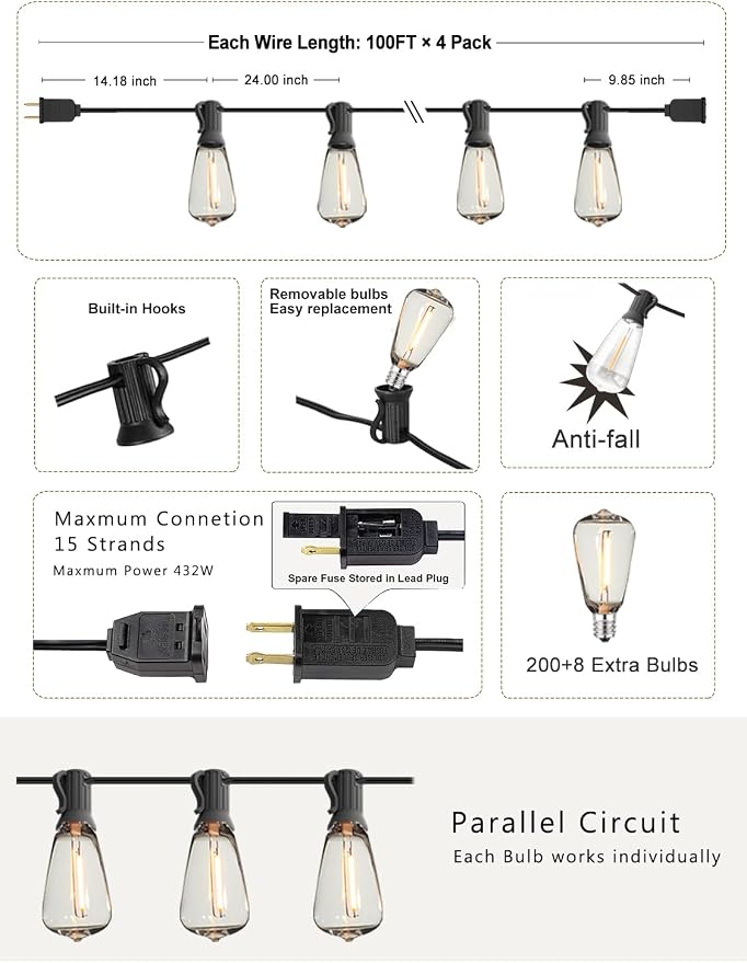 DAMAING Outdoor String Lights Weatherproof 400FT shatterproof connectable Patio - Image 6