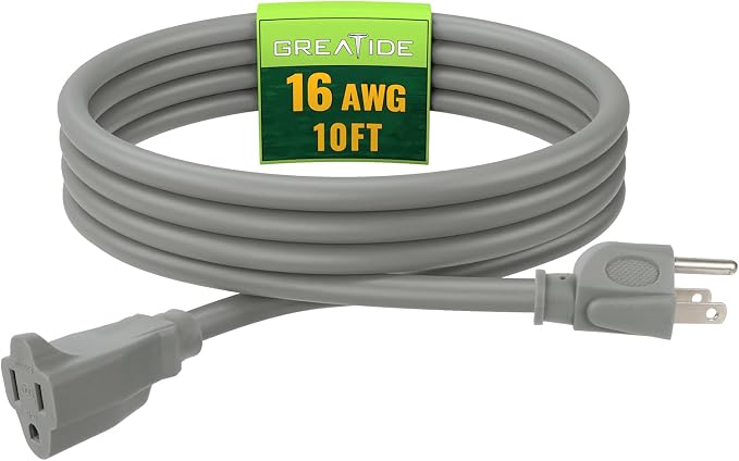 Indoor Outdoor Extension Cord 10 FT, 16/3 SJTW Weatherproof Grey Electrical by GREATIDE