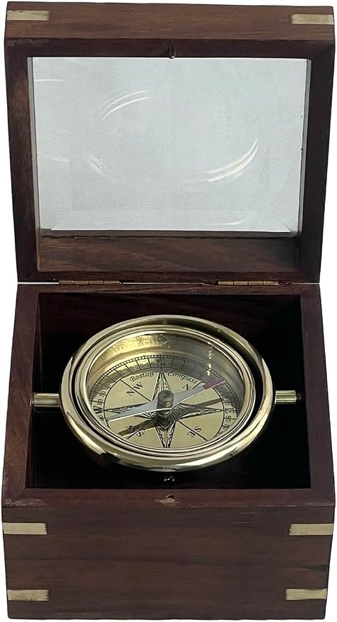 Brass Gimballed Compass in Wooden Box – Antique Nautical Decor & Functional - Image 3