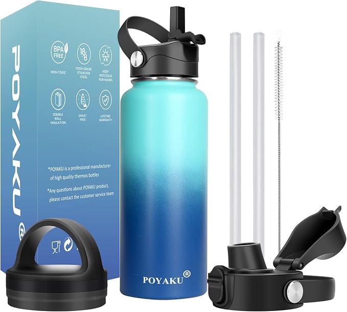 Water Bottle Insulated 32oz 40oz 64oz 128oz Straw Lid Spout Lid & 3 Lids by POYAKU