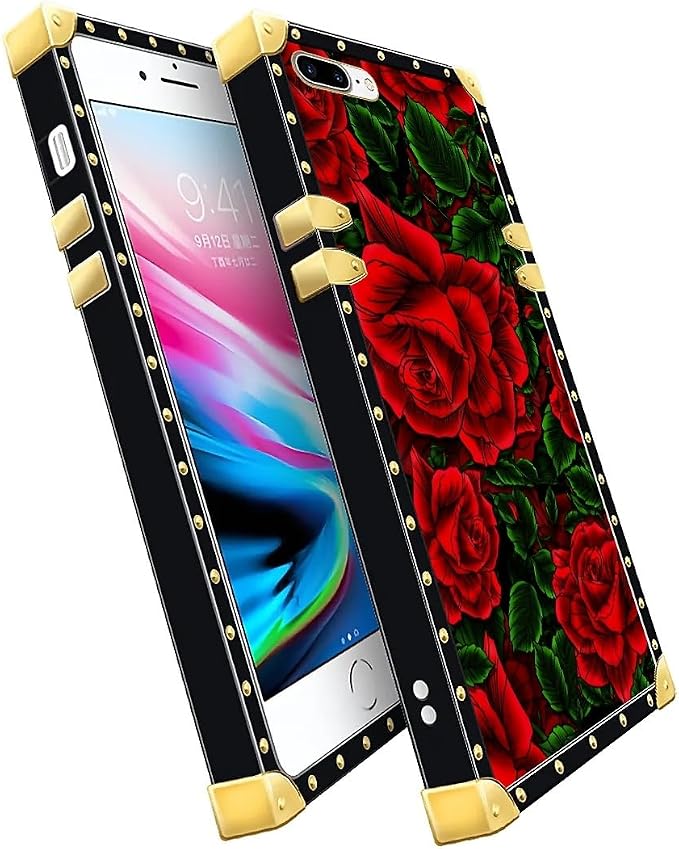 Compatible with iPhone 8 Plus 7 Plus Case, Vector Red Rose Green Leaf Luxury - Image 3